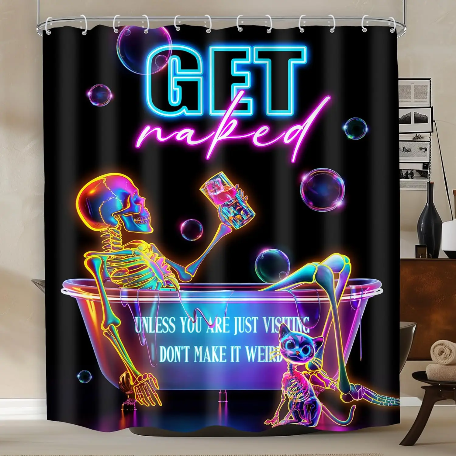 

Neon Funny Skull Shower Curtain Skeleton Gothic Spooky Unique Cool Bone in Bathtub Bubbles Black Halloween Cat Modern Bathroom
