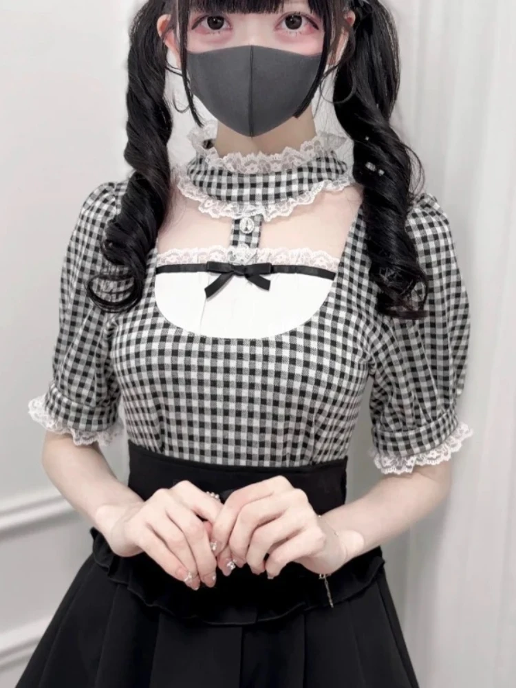 

Japanese Women Gothic Lolita Style Shirts Vintage Sweet Y2k Lace Ruffles Short Sleeve Plaid Blouses Jirai Kei Girls Casual Tops