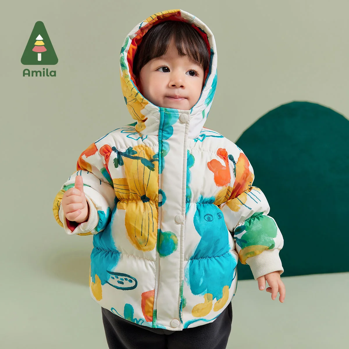 Amila Baby Girl Down Jacket 2024 Winter New Hooded Fleecing Soft Fashion Warm Printed  Baby Clothing