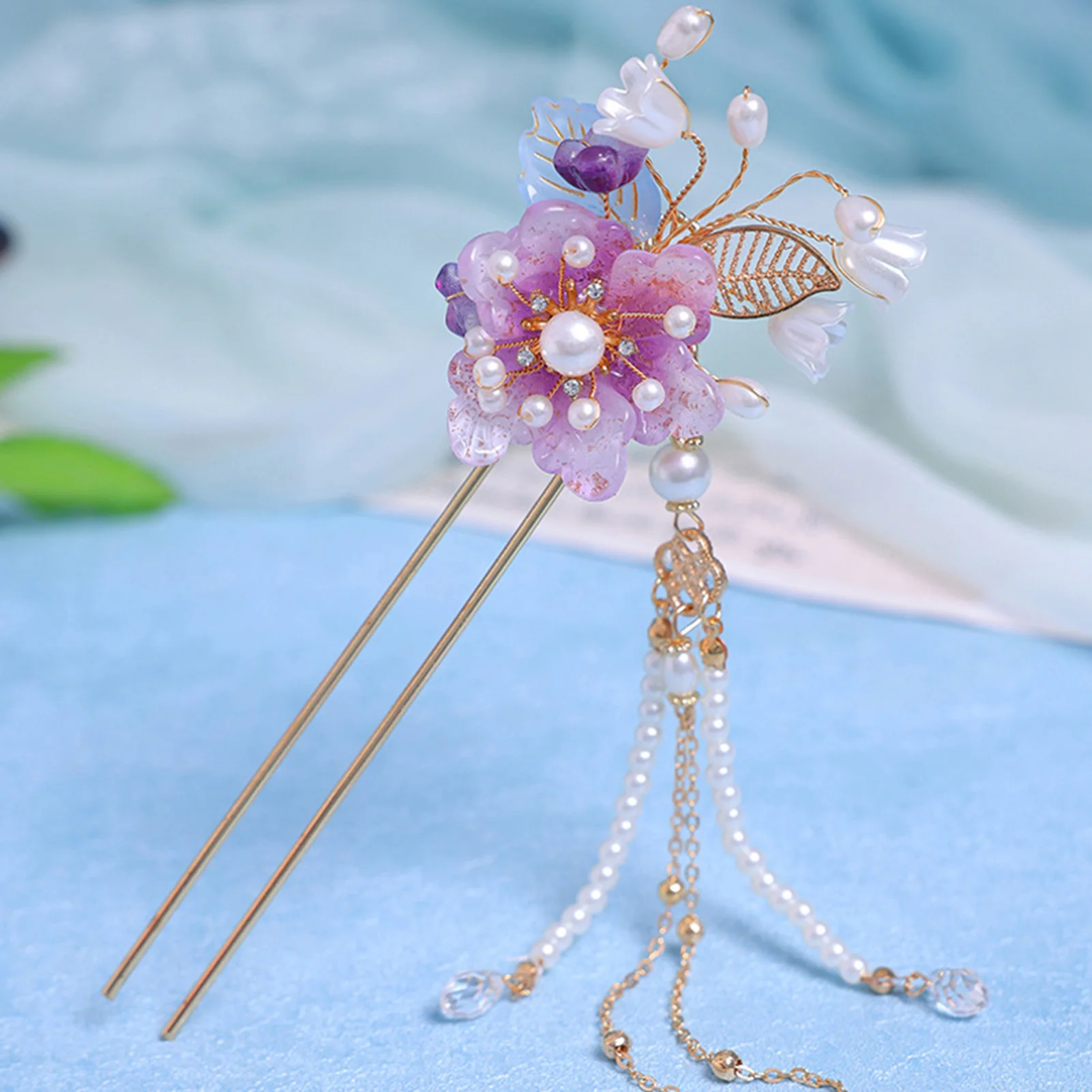 

Simple U-shaped Hairpins Gradient Purple Flower Tassel Hair Pins Pearl Rhinestone Decor New Chinese Style Hair Sticks For Women
