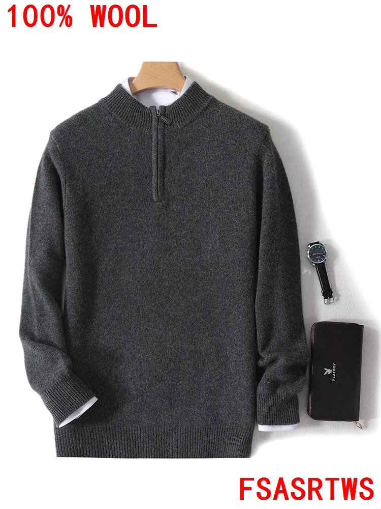 เสื้อสเวตเตอร์แคชเมียร์ผู้ชายคอเต่าครึ่งตัว ซิปหน้า ผ้าขนแกะเมอริโนแท้ 100% คุณภาพสูง สำหรับฤดูใบไม้ร่วงและฤดูหนาว สไตล์ลำลอง ไซส์ใหญ่พิเศษ