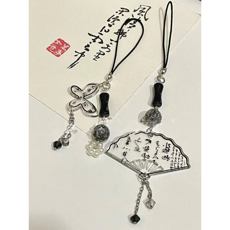 Acrylic Chinese Style Butterfly Pendant Phone Charm DIY Handmade Fan Calligraphy Mobile Phone Strap Anti-Lost Hanging Cord