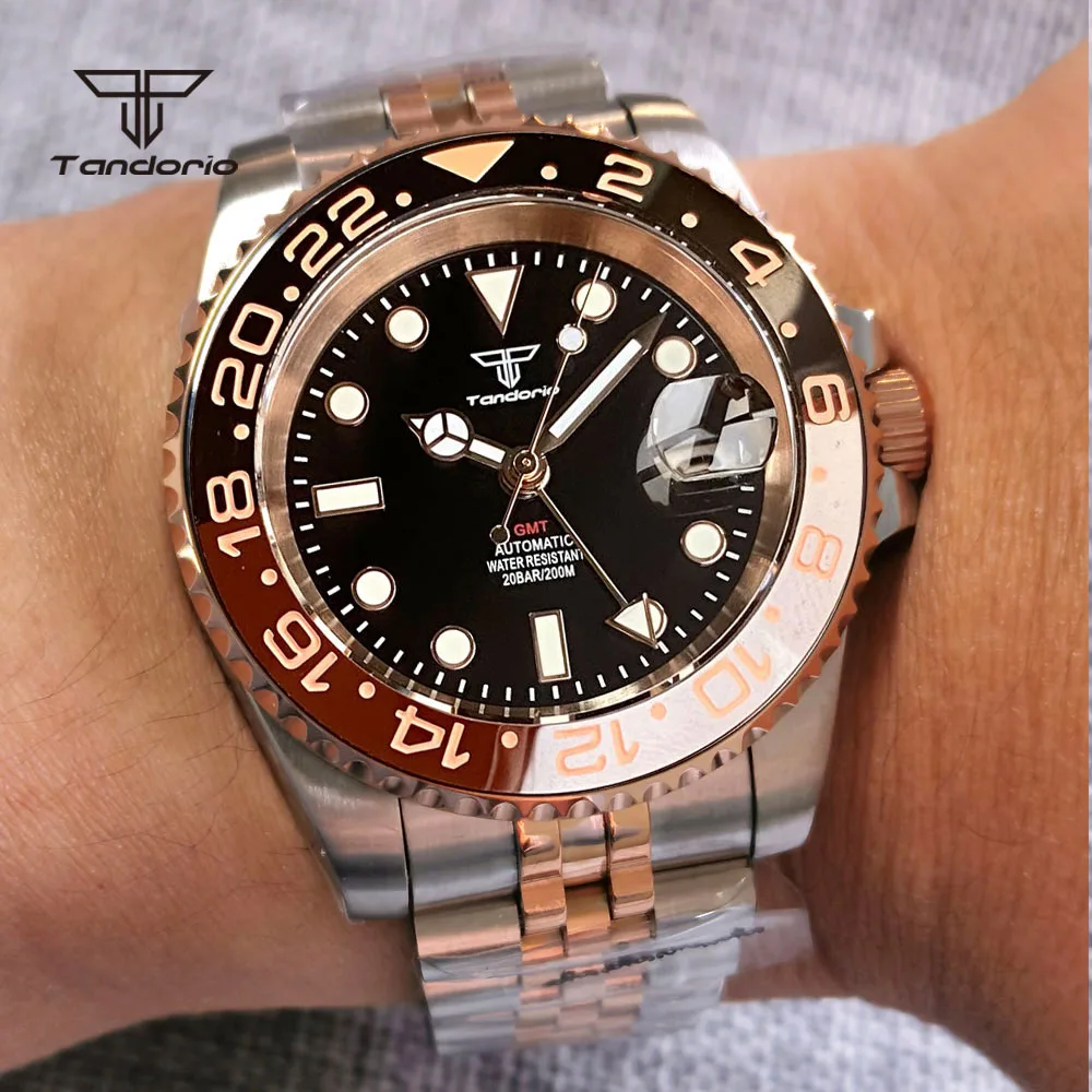 Imagem -03 - Relógio de Pulso Automático Tandorio Rose Golden Rotating Bezel Sapphire Glass Data Screw Crown Pulseira de Dois Tons para Homens Nh34a Gmt 20bar