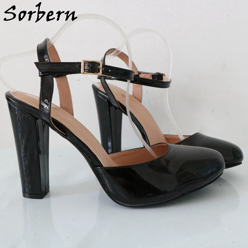 Sorbern Black Shiny Block High Heel Ankle Strap Women Pump Shoes Chunky Heeled Round Toe Vintage Style Custom Plus Size image 6