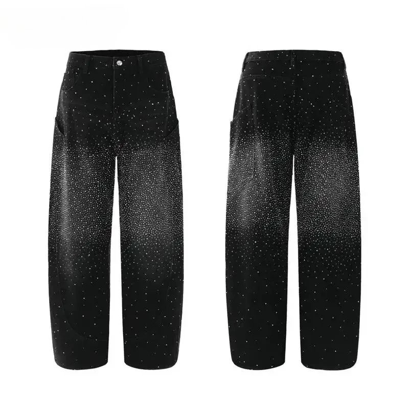 

Refined Men's Baggy Jeans American Casual Gradient Rhinestone Detail High End Denim Minimalist Streetwear