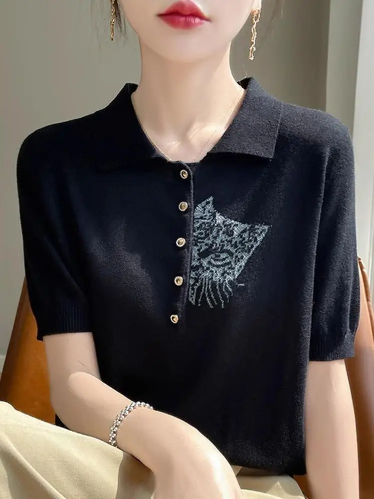 เสื้อยืดไหมพรมถักสไตล์เกาหลี ลายการ์ตูน โลโก้ใหม่ สำหรับผู้หญิง ใส่สบายๆ ในฤดูร้อน