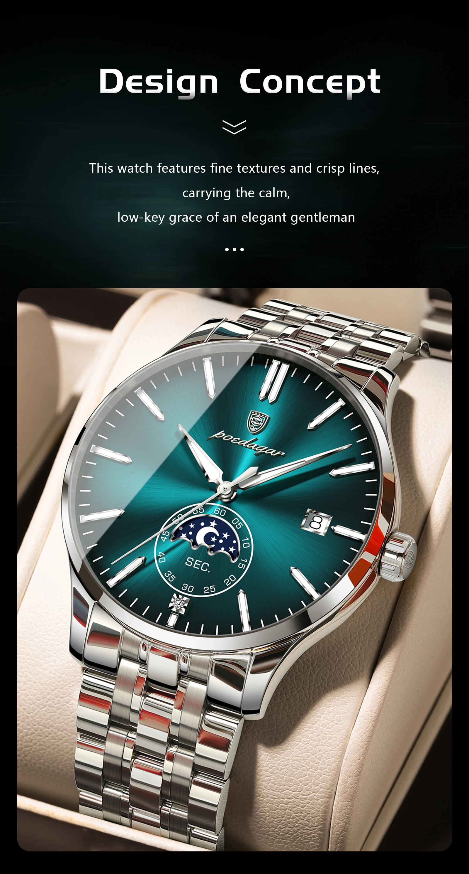 POEDAGAR Top-Luxus-Herrenuhr, Casual Edelstahl Quarz Herren-Armbanduhr, Wasserdicht, Leuchtend, mit Datum, Modische Herrenuhren Reloj – Detail 3