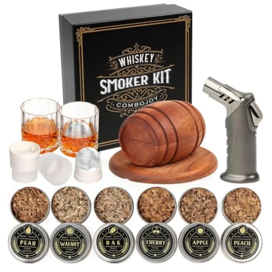 

Whiskey Smoker Kit with Torch - 6 Flavors Wood Chips, 2 Glasses, 2 Ice Ball Molds - Cocktail Smoker Infuser Kit, Old Fashioned