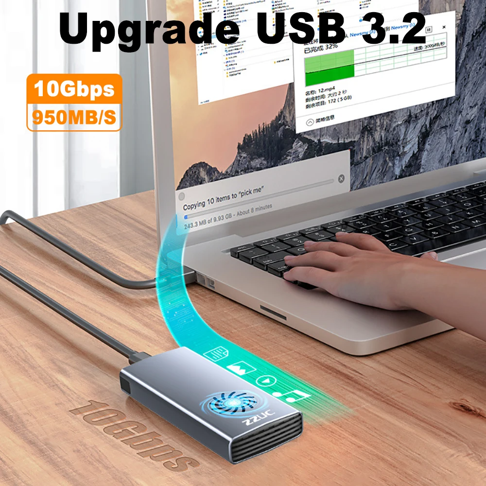 10Gbps M.2 NVME SATA SSD Case with Built-in Cooling Fan M.2 SSD Enclosure Dual Protocol NVMe NGFF SSD Adapter For M Key/B+M Key