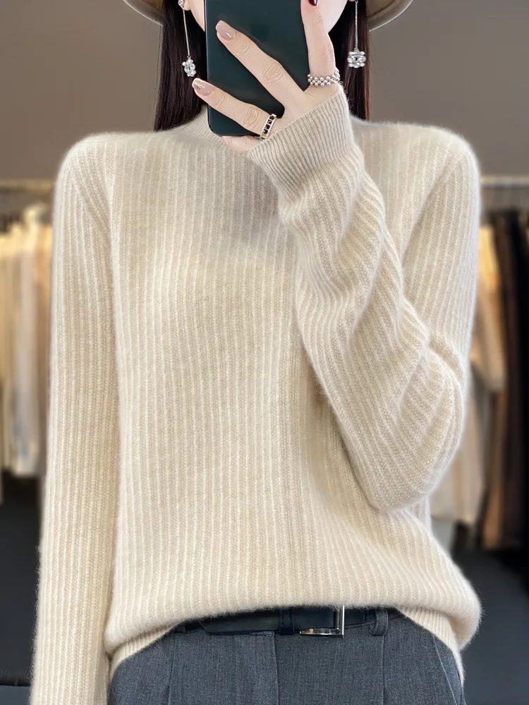 100% merino wool cashmere sweater women's sweater semi-high-necked long-sleeved pullover autumn and winter warm pullover top