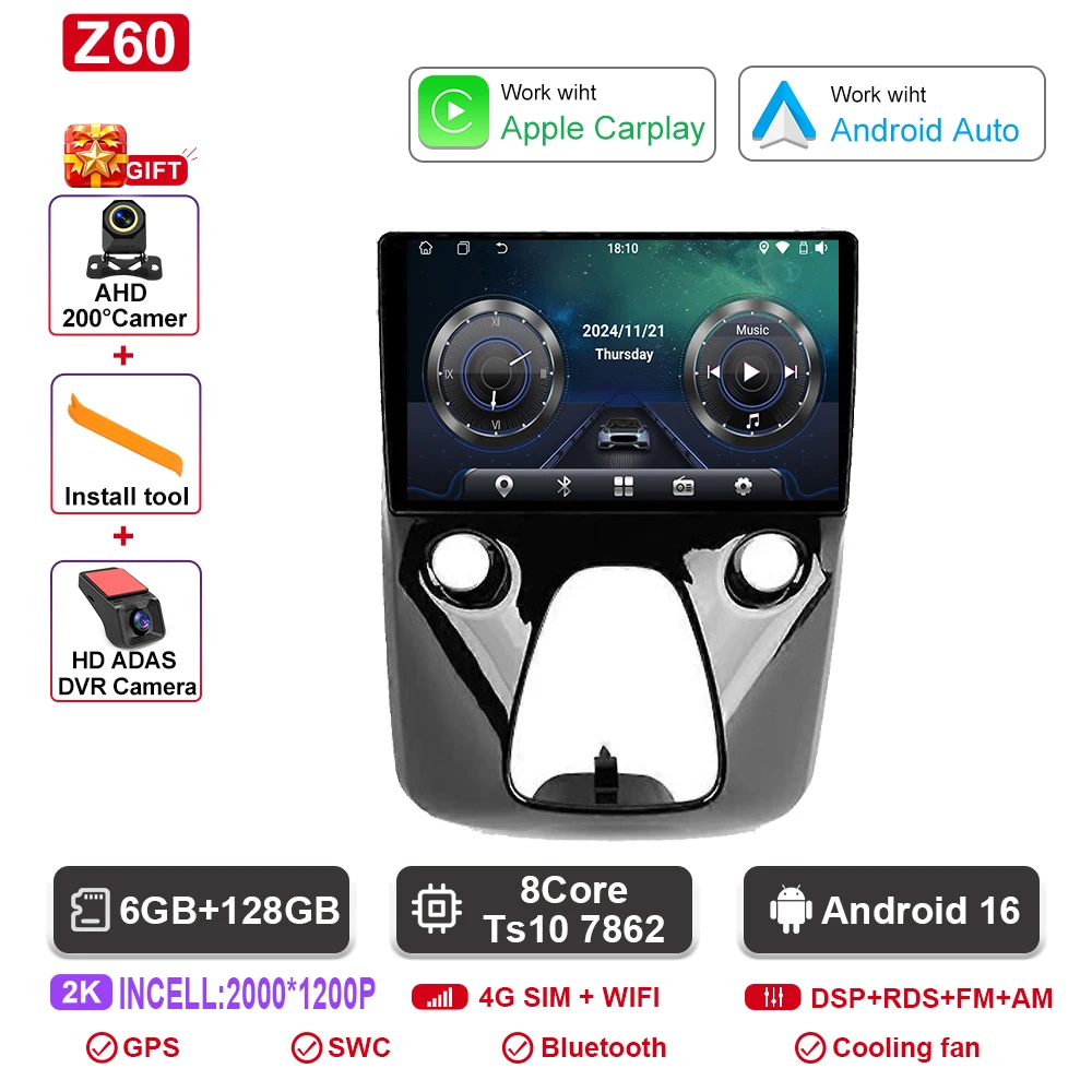Autoradio Android navigatie GPS Android Auto stereo Carplay scherm No2 DIN DOM voor Toyota Aygo Peugeot 108 Citroen C1 2016-2020