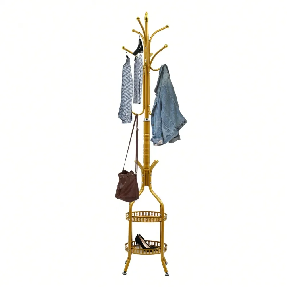 

Metal Coat Rack Stand With Double Layer Basket,Coat Rack Freestanding Hat Hall Tree With 12 Hooks For Hanging Scarf,Bag,Jacket,