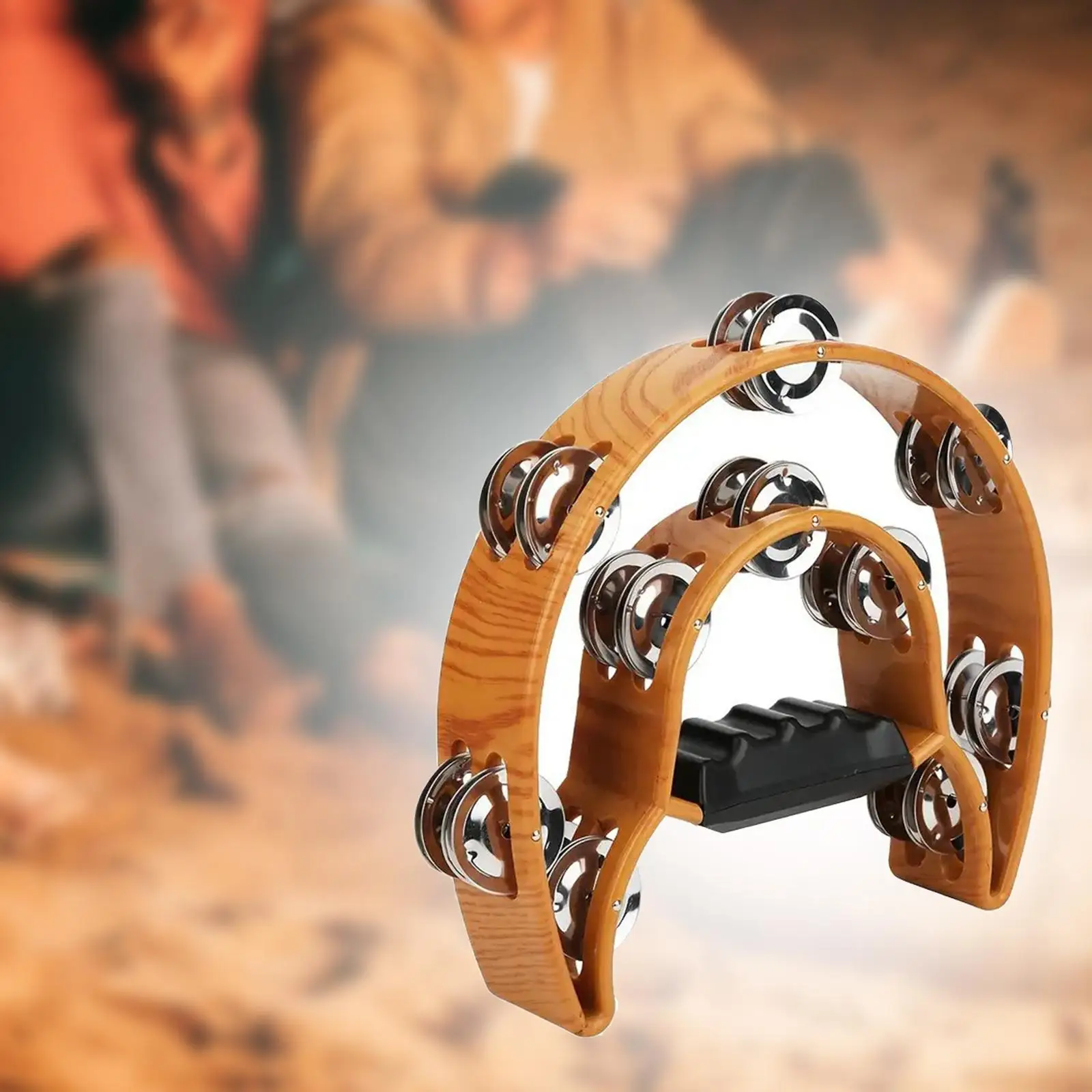 

Double Row Tambourine Wood and Steel Half Moon Handheld Drum Ergonomic Grip Musical Instrument for Classroom Performance