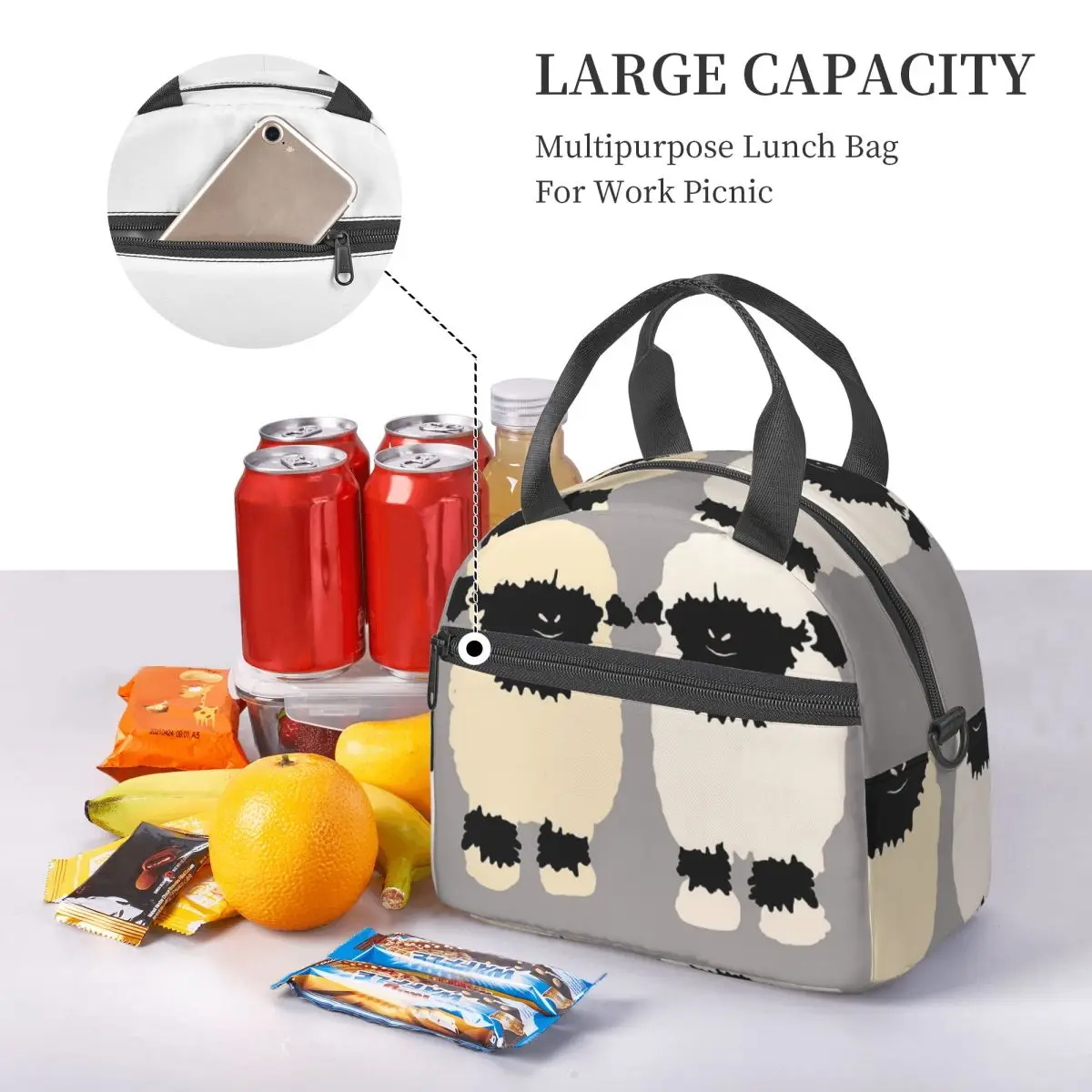 Valais Black Nose Sheep Friends Insulated Lunch Bag for School Picnic Storage Food Boxes Portable Cooler Thermal Lunch Box Tote