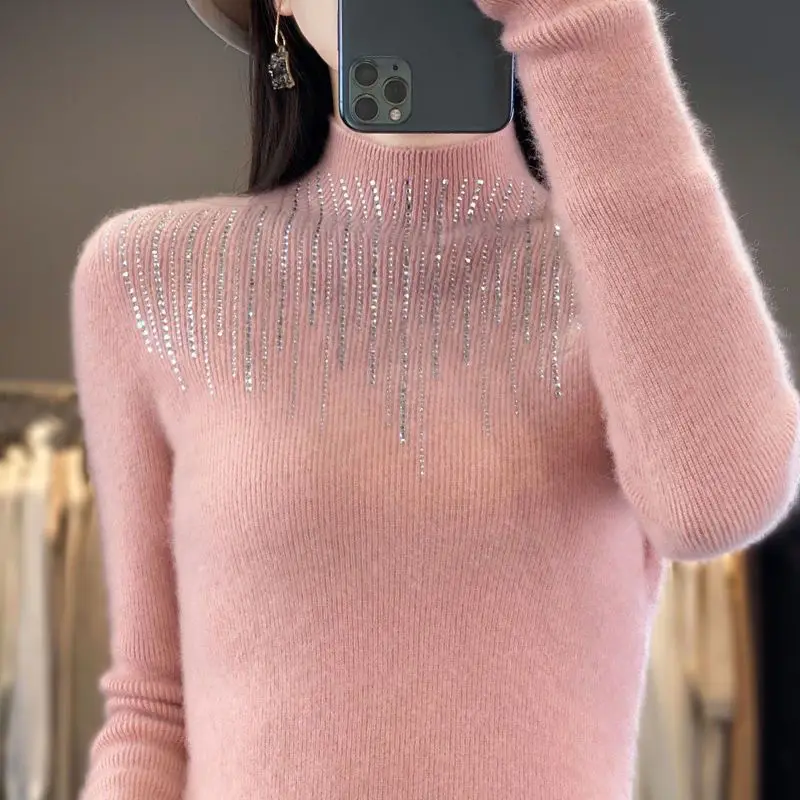 Autunno e inverno delle donne nuovo Pullover mezzo collo alto maglione con diamanti caldi tinta unita strato di moda lavorato a maglia top a maniche lunghe