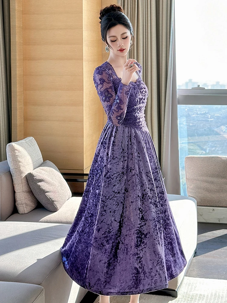 Feminino falso 2 peças retro veludo renda pura sexy gola quadrada magro a linha vestido de noite festa de formatura senhora roupas moda robe novo