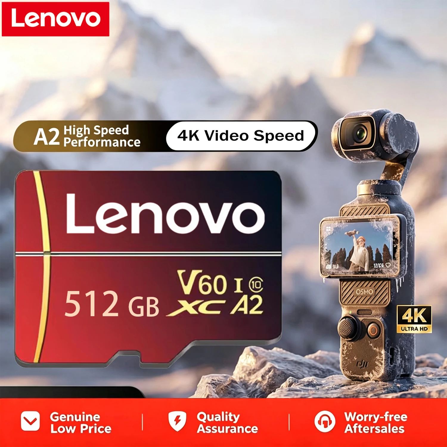 Cartão de Memória Micro SD Lenovo 64GB/128GB/256GB/512GB UHS-I V60 A2 Classe 10, Cartão Flash de Transferência Rápida para Câmera de Drone