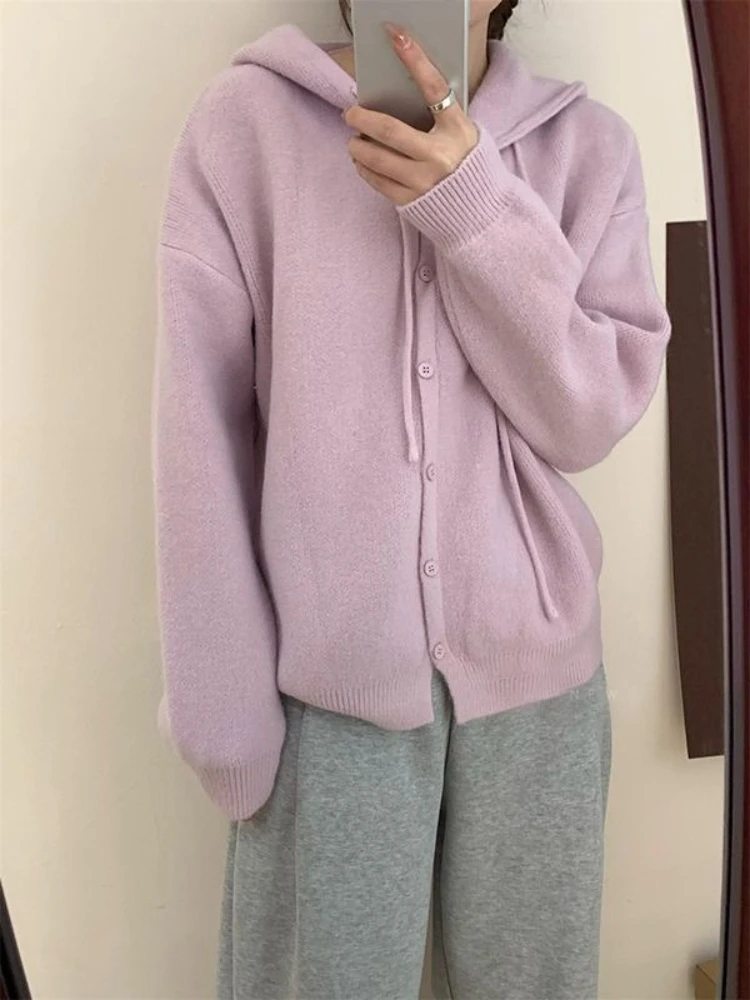Purple Knitwear Woman Hooded Tops Korean Clothing High Quality Y2k Style Nice Color Fashion Button Hoodies Sweatshirt for Women