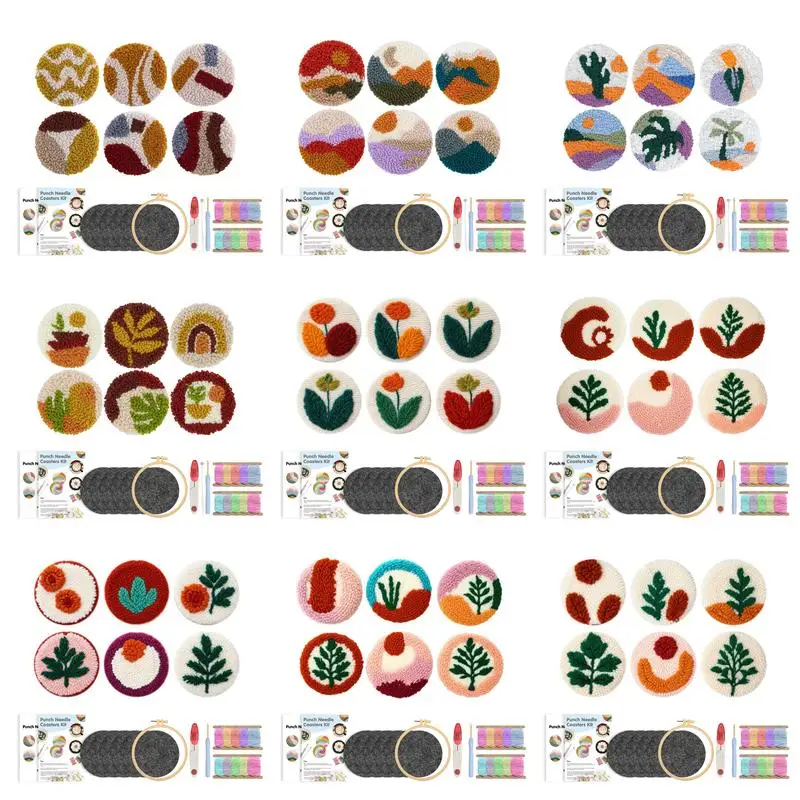 

CHENISTORY 6 Pcs Flowers Patterns Punch Needle Embroidery Pack for Adults Punch Needle Coaster Kit DIY Tableware Coasters Set
