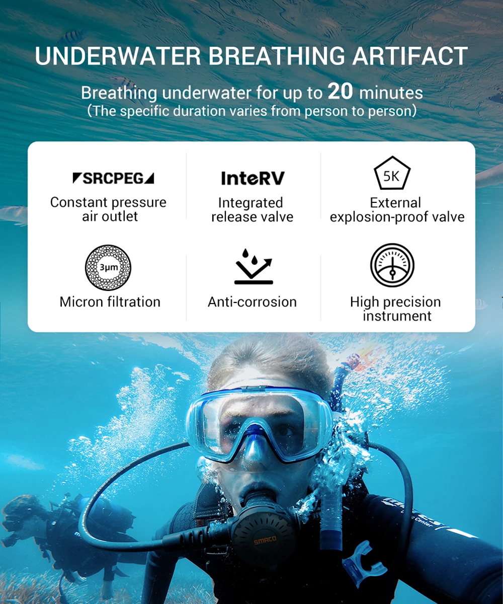 SMACO S400 1L Mini Scuba Diving Tank/Equipment Oxygen Cylinder Underwater Breathing Portable Scuba Tank Kit Capacity Refillable