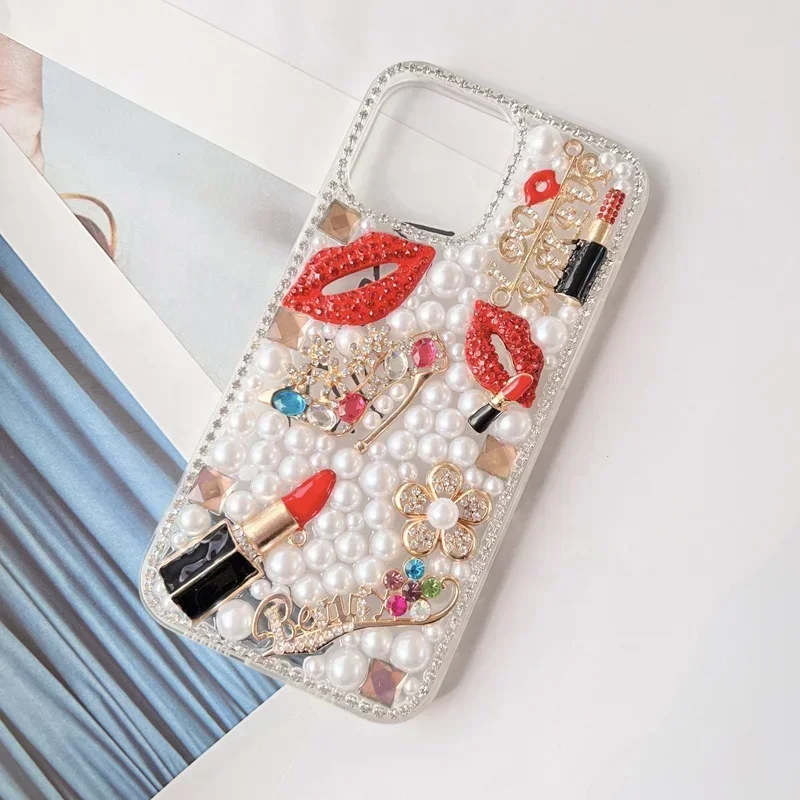 Luxury Fancy Phone Case with Hot Pearl and Lip Bling for Samsung S24 S20 Plus S21 FE S22 23Ultra Note20, DIY High Heel