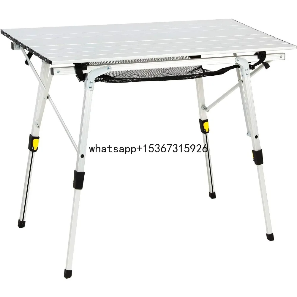 Outdoor Folding Portable Picnic Camping Table with Adjustable Height Aluminum Roll Up Table Top Mesh Layer, Silver,Camping Table