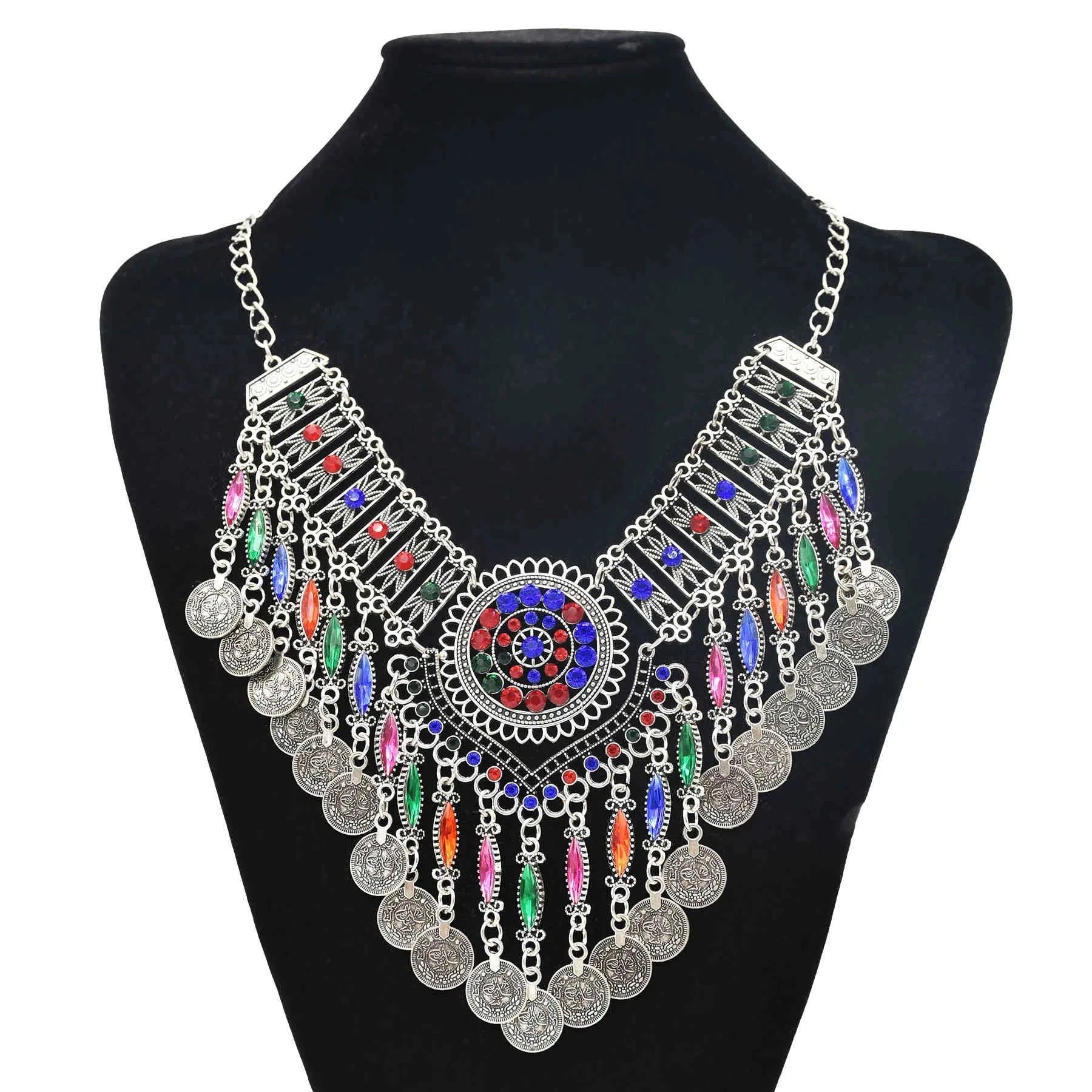 3pcs/set Vintage Ethnic Style Headwear Exquisite Rhinestone Bead Pendant Women and Girls(Forehead Chain, Necklace, Earrings)