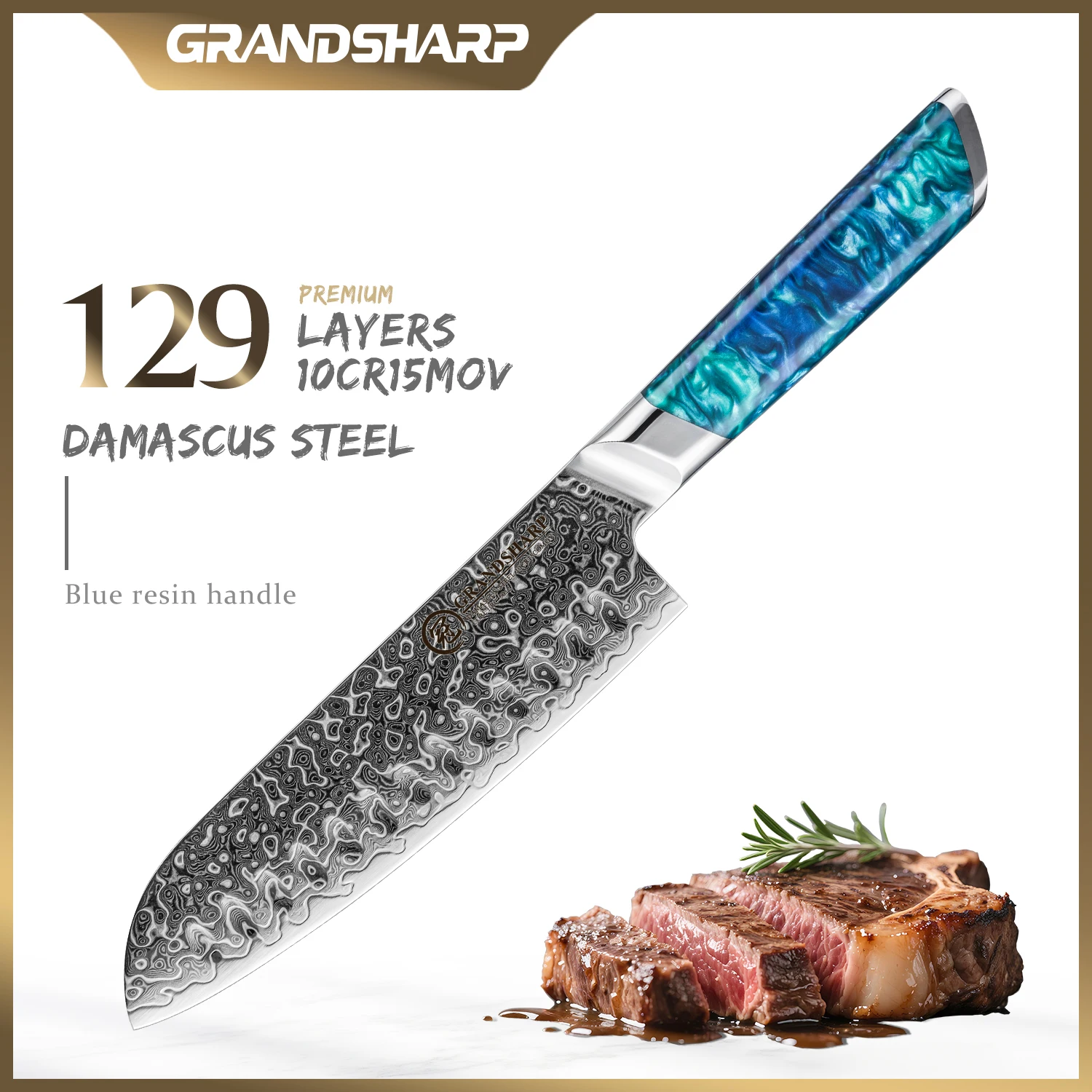 

Grandsharp 7''Santoku Knife 129 Layer Damascus Steel With 10Cr15MoV Core Blue Resin Handle Ergonomic Cooking Knife for Cutting