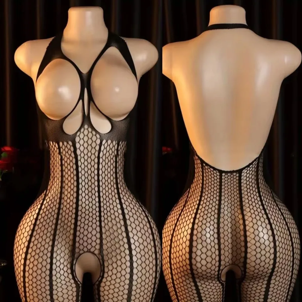 Lace Bra One-Piece Set Crotchless Lingerie Women's Curve Jumpsuit Hot Open Bras Body Stockings Halter Neck See-through Underwear image 3
