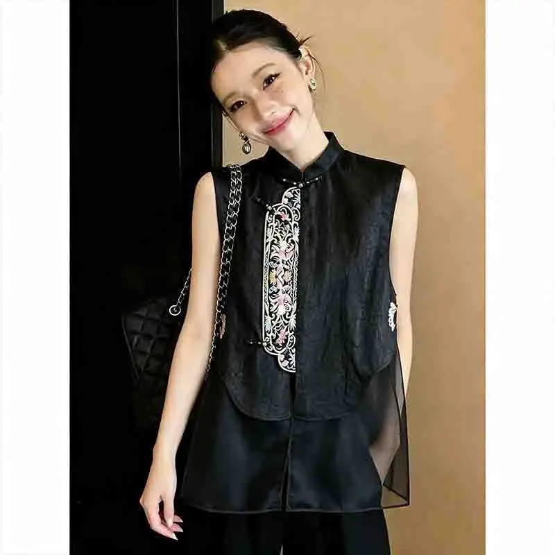 New Chinese Style Women's Vest Mesh Splicing Heavy Embroidery Top
