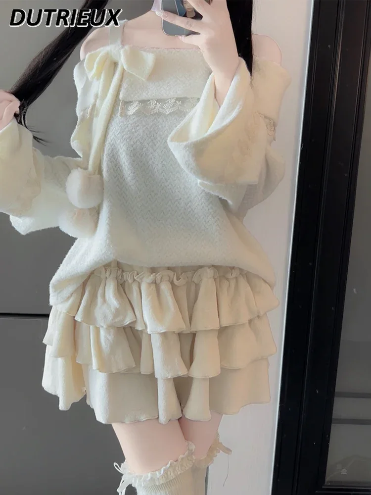 Sweet Cute Girls Original Off-shoulder Plush Knitted Sweater Long Sleeve Bow Top and Puffy Cake Short Skirt Two Piece Set