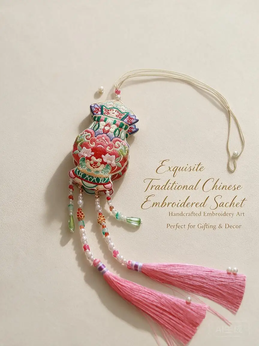 Double Sided Embroidered Traditional Chinese Hanfu Accessory Sachet Waist Pendant Hanging Ornament With Long Beaded Pink Tassels