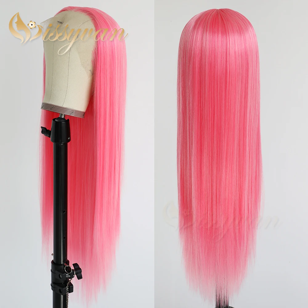 Missyvan Wig Sintetis Renda Depan Rambut Lurus Panjang Wig Renda Warna Mawar Gratis Bagian Wig Sintetis Tanpa Lem Rambut Merah Muda untuk Wanita