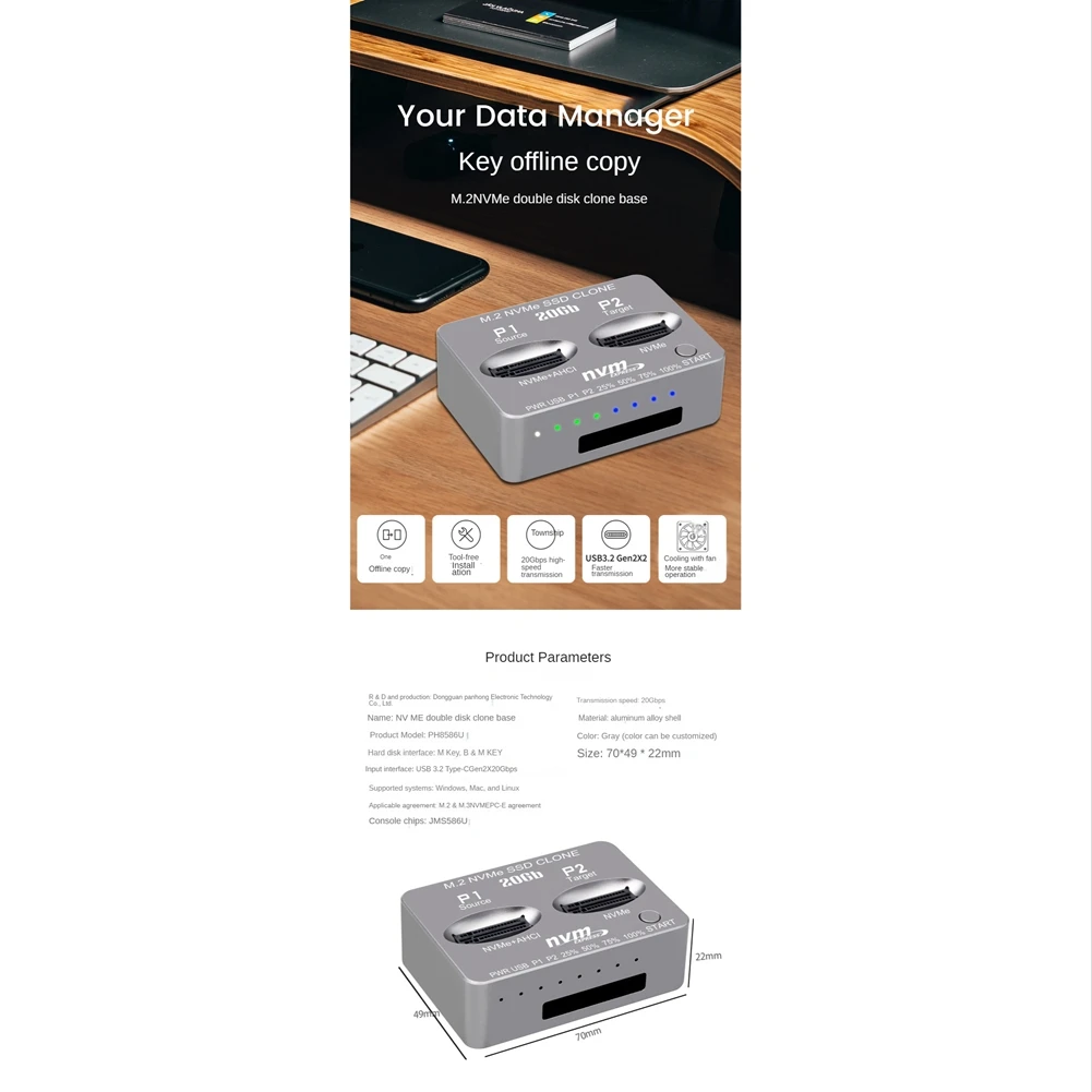 M.2 NVME SSD Clone Dual-Bay NVMe Docking Station USB3.2 Gen2 Type C External Hard Disk Box for M2 SSD and M Key SSD