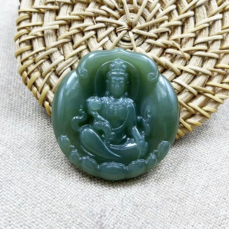 Qinghai and Hotan lake green round pendant with six-character mantra of seated Guanyin, made of fine jade