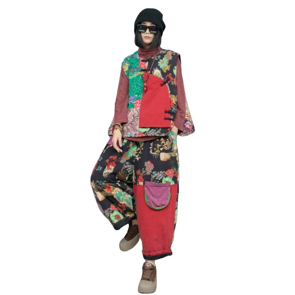 Ethnic Style Buckle Contrasting Color Printed Linen Jacket + Casual Pants Two-piece Set Women Pant Set 2024 Winter ZF304