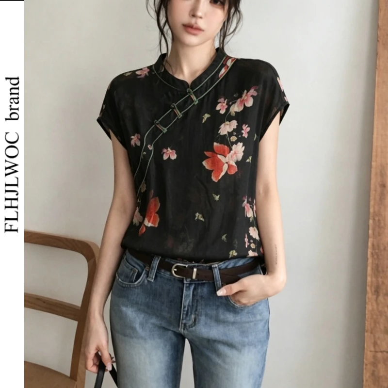 

Cotton Linen Tops Blouse New 2026 Summer Casual Cute Girls Chinese Style Flower Printing Retro Vintage Stand Collar Black Shirts