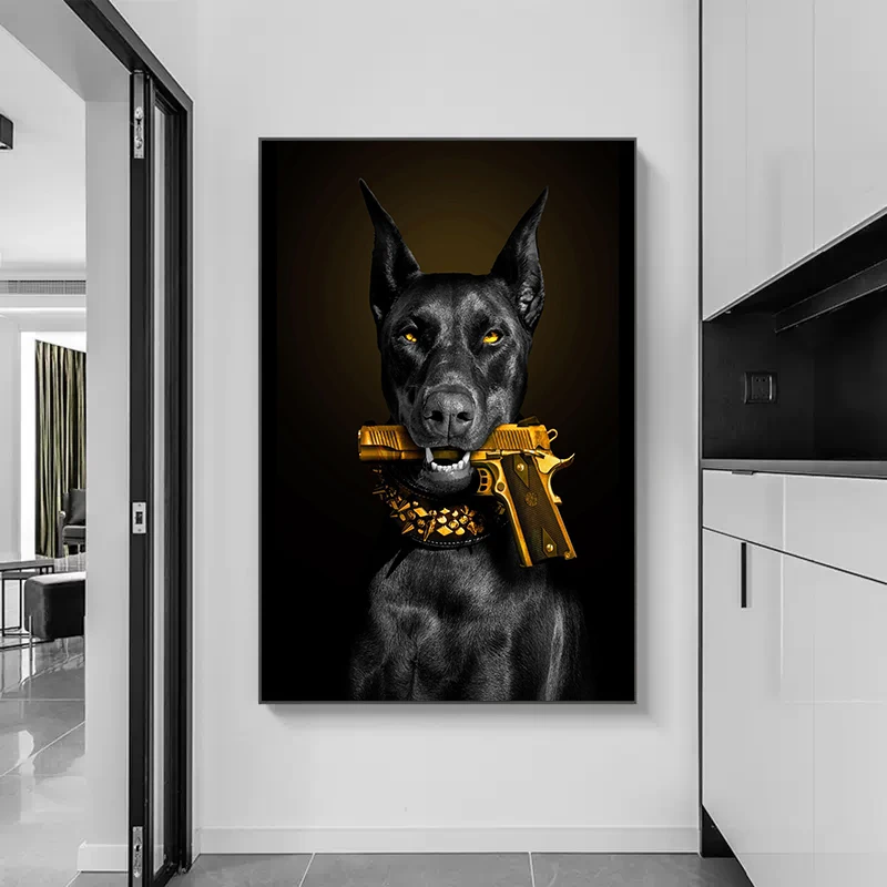 Tableau de chien DobSuffolk noir à la mode, discutant avec un odor, peinture sur toile, art mural animal de luxe, image pour salon, décoration