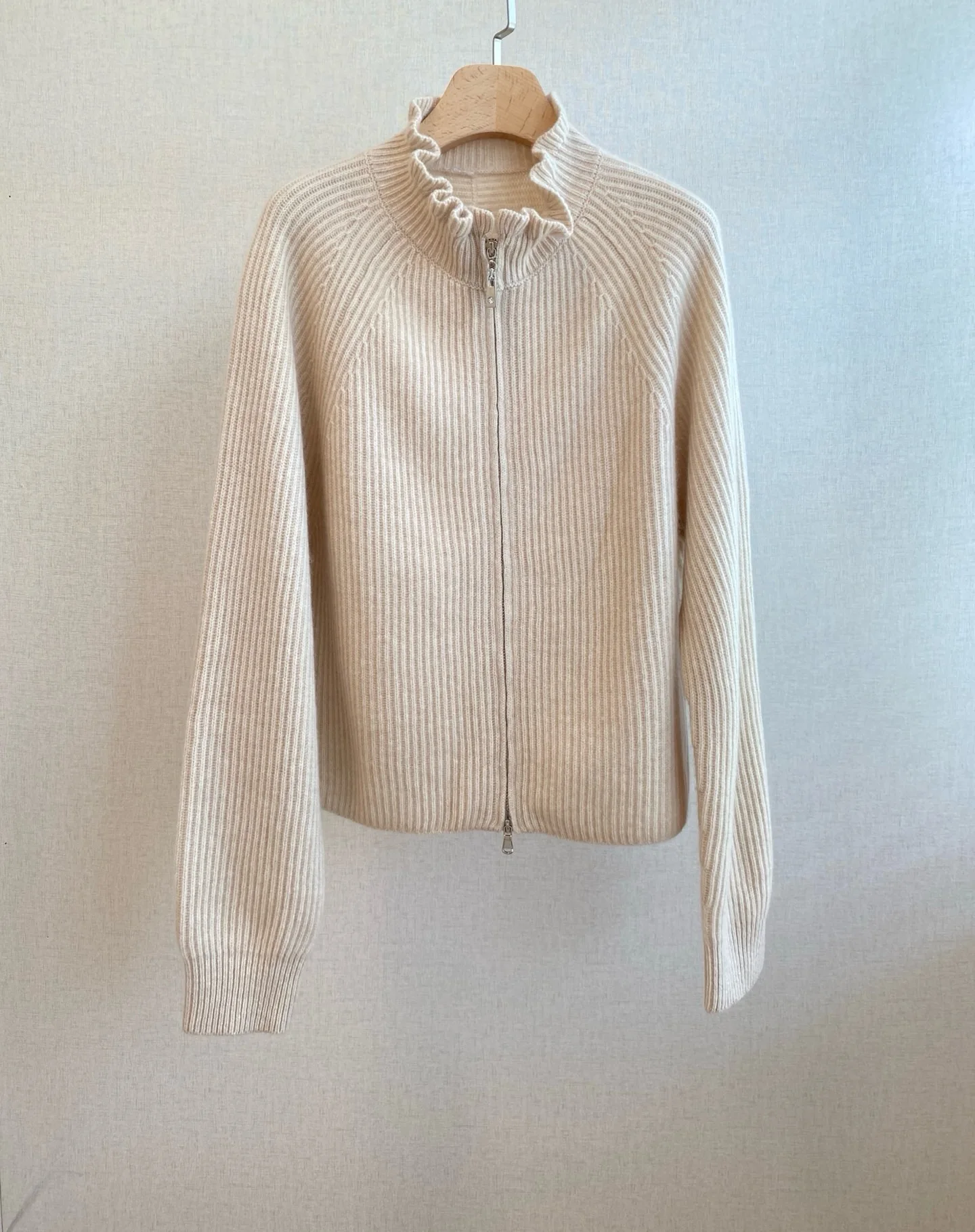 Elegant Ruffle Trim Knit Matching Set Ribbed Zip Cardigan and Frill Hem Midi Skirt For Women