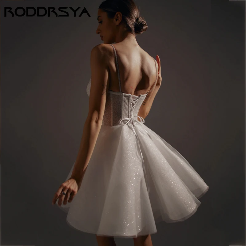 RODDRSYA Princess Wedding Dress For Women Glittering Tulle V-Neck Vestido De Noiva Simple Spaghetti Strap Short Mini Bride Party