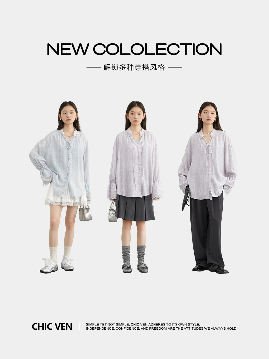 شيك فين قميص نسائي واحد الصدر الخامس الرقبة فضفاضة عادية كم طويل جديد الوقوف طوق معطف بلوزة الإناث ربيع الخريف 2025 #3