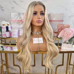 Creamy Light Blonde Highlights Ash Roots Lace Front Wigs Synthetic Hair Transparent Lace Glueless Lace Frontal Wig Cosplay Fiber