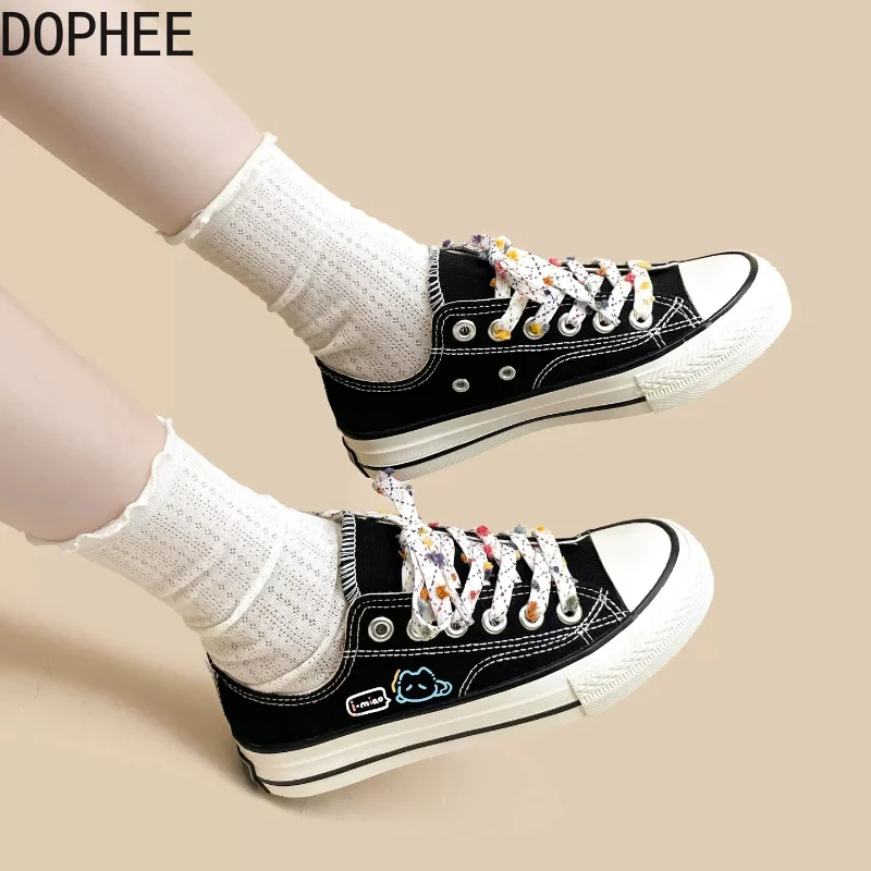 Korea All-match Black Low Cut Canvas Shoes Spring Summer Black Couple Sneakers Round Toe Lace-up Casual Students Duck Shoes