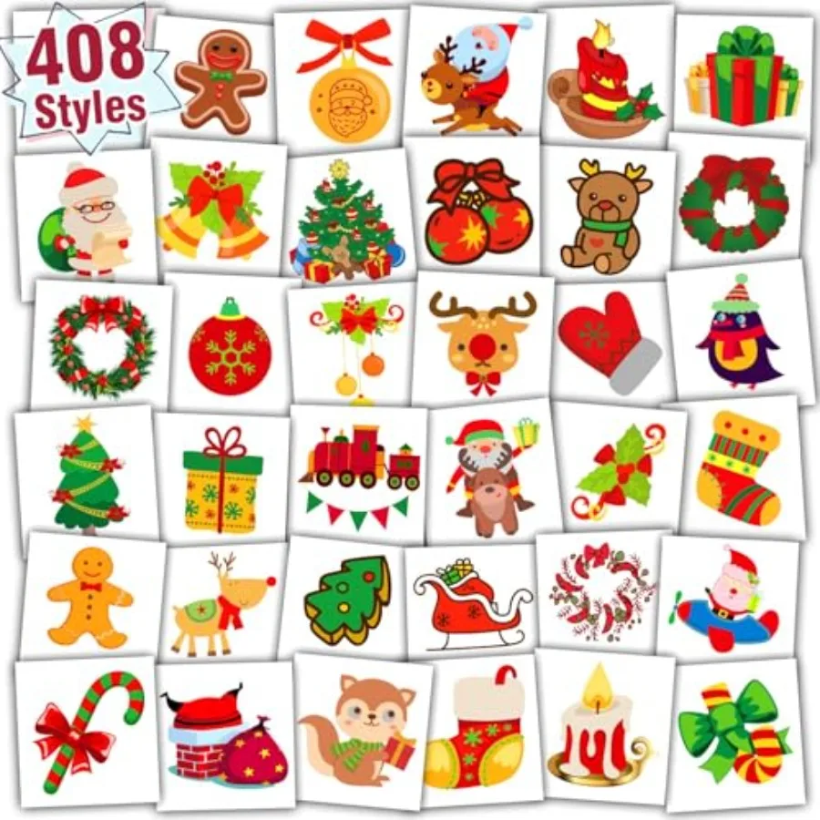 

Partywind 408 PCS Individually Wrapped Christmas Temporary Tattoos for Stocking Stuffers, Christmas Holiday Decorations Party S