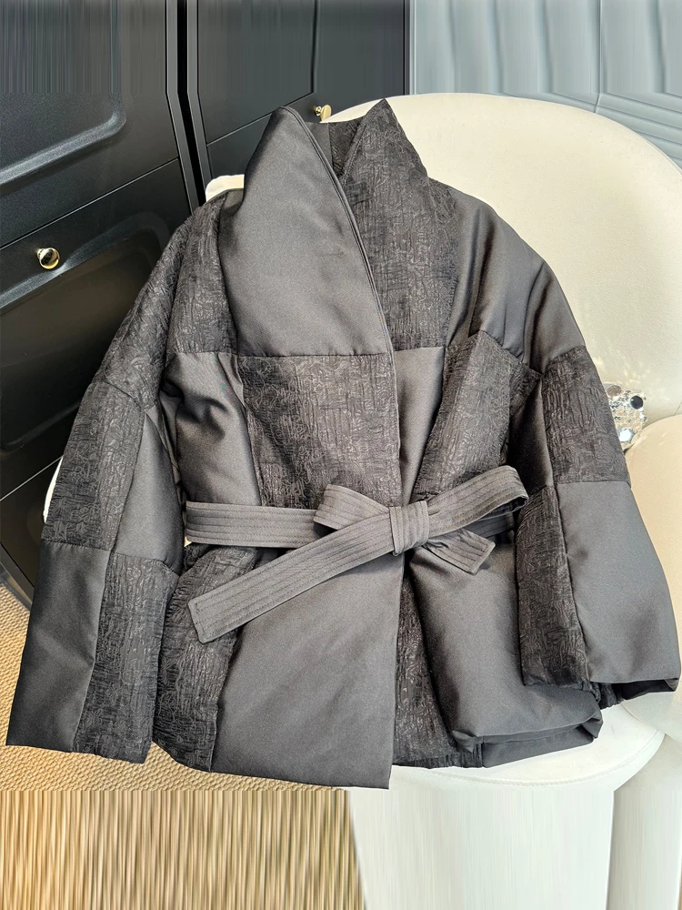 سترة نسائية فاخرة منقوشة مرقعة للشتاء الدافئ ملابس الشارع الشهير وشاحات قصيرة منتفخة معطف كبير الحجم 2026 ملابس خارجية جديدة INKEO DJ629 #6