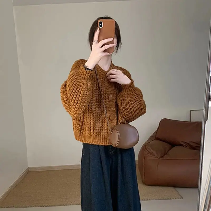 

Lazy Style Retro Long Sleeve Knitted Cardigan Sweater For Women 2026 Autumn Winter New Loose Short Top Coat Thick