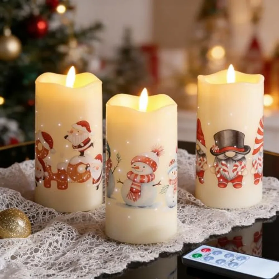 

【New model】Christmas Fiber Optic Flameless Pillar Candles with Remote Santa Snowman Gnomes LED Battery Candles Holiday Winter D