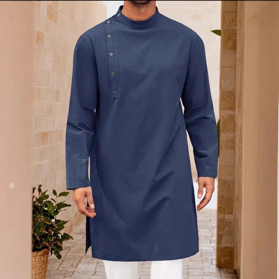 

2026 New Muslim Arab Malaysian Men's Buttoned Cotton-linen Shirt Muslim Robe Robe Abaya Ramadan Dubai Luxury Islam Elegant