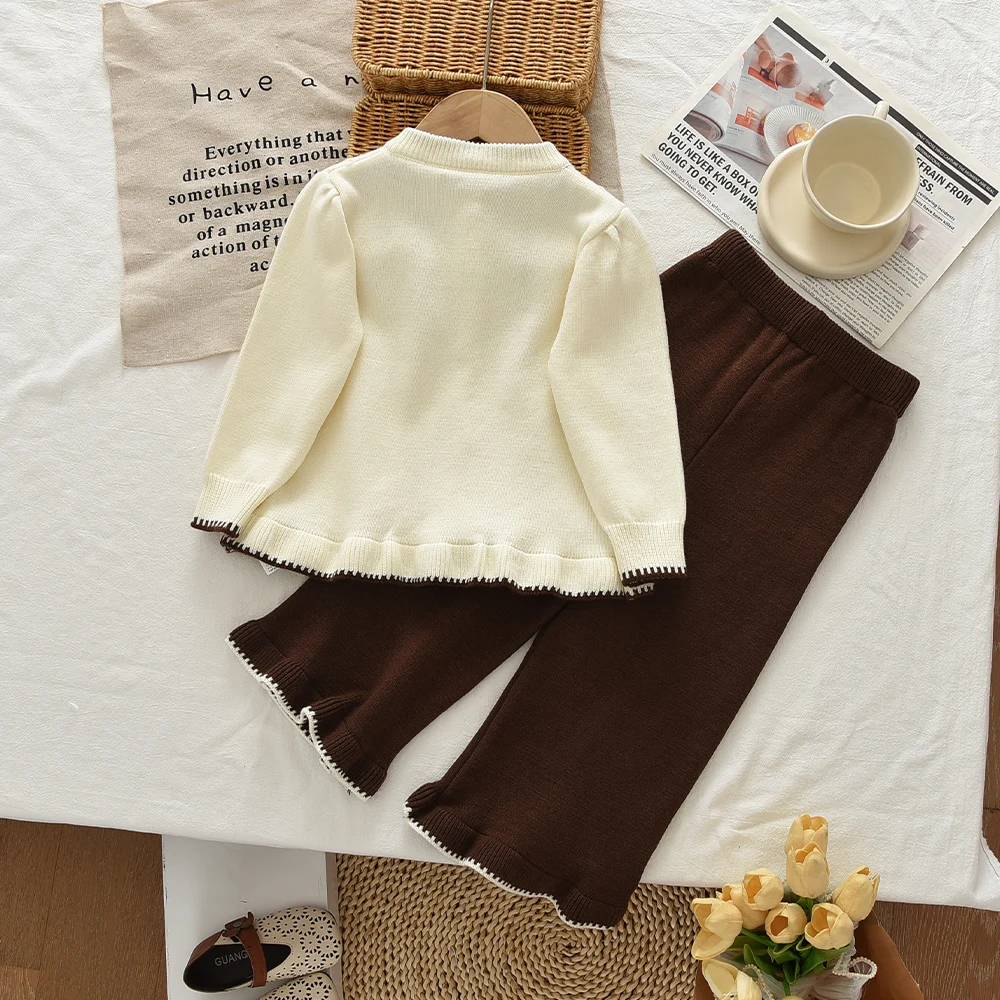 2-6 Years Old Cute Toddler Girl Clothes Autumn and Winter New Kids Long Sleeved Color Blocked Knitted Cardigan Sweater + Pants