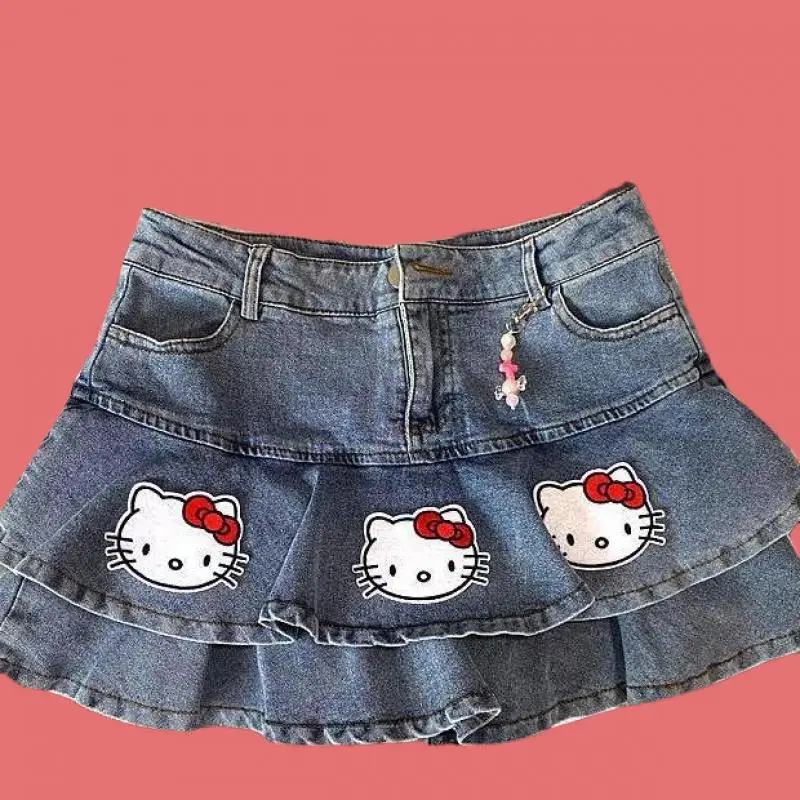 Sanrios Hello Kitty Kawaii Anime Schattig Meisje Y2K Millennium Hot Girl Denim Korte Rok Mode A-lijn Mode Taart Halve Rok